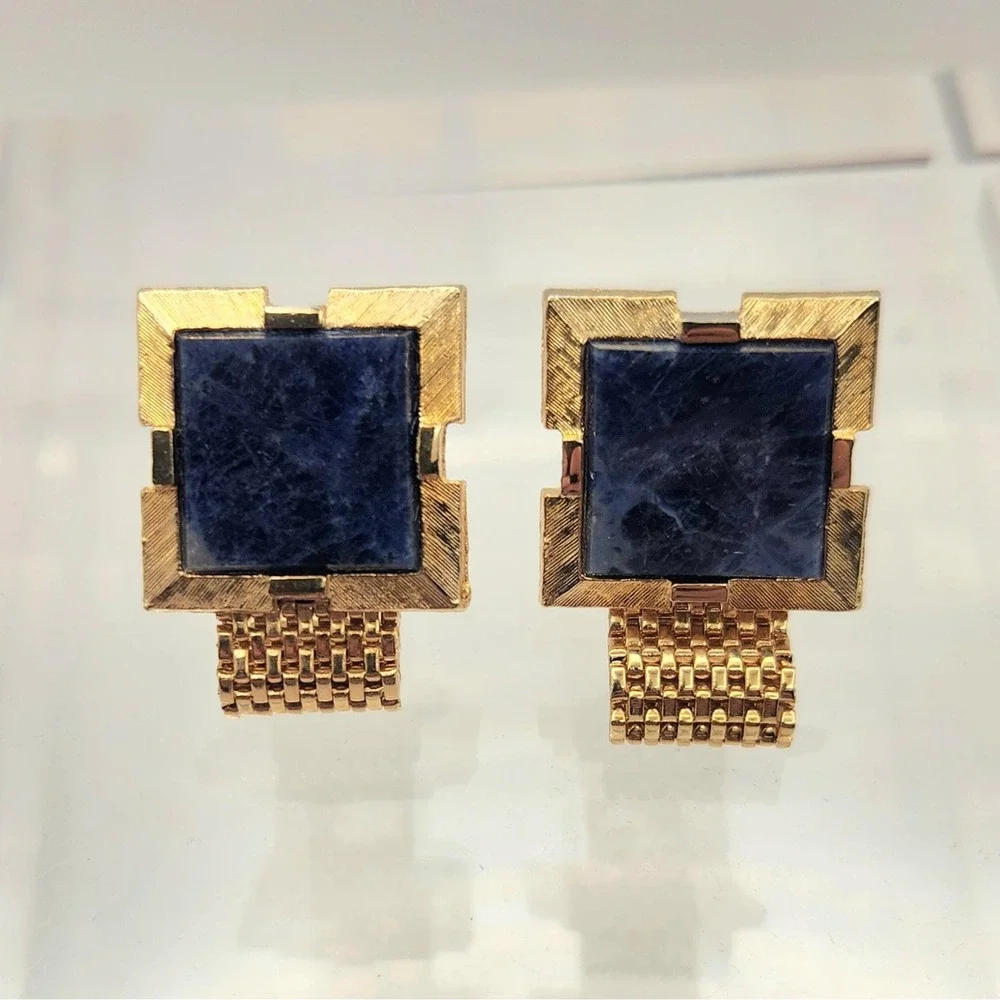Vintage Oleg Cassini Sodalite Cufflinks Gold Tone Mesh Designer Original Box